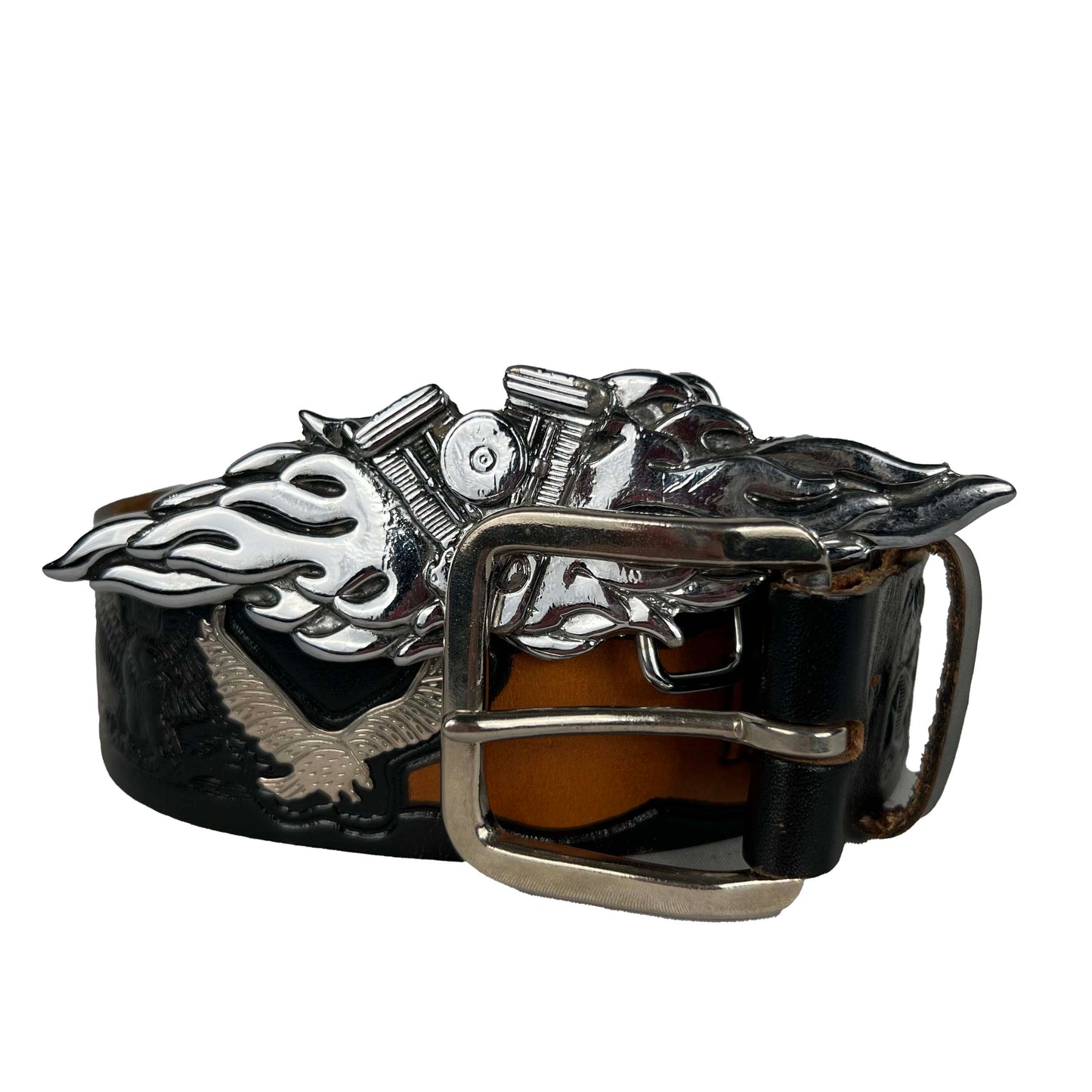 90s Silver Biker Flame Buckle Eagle Leather Belt- 34"-38"