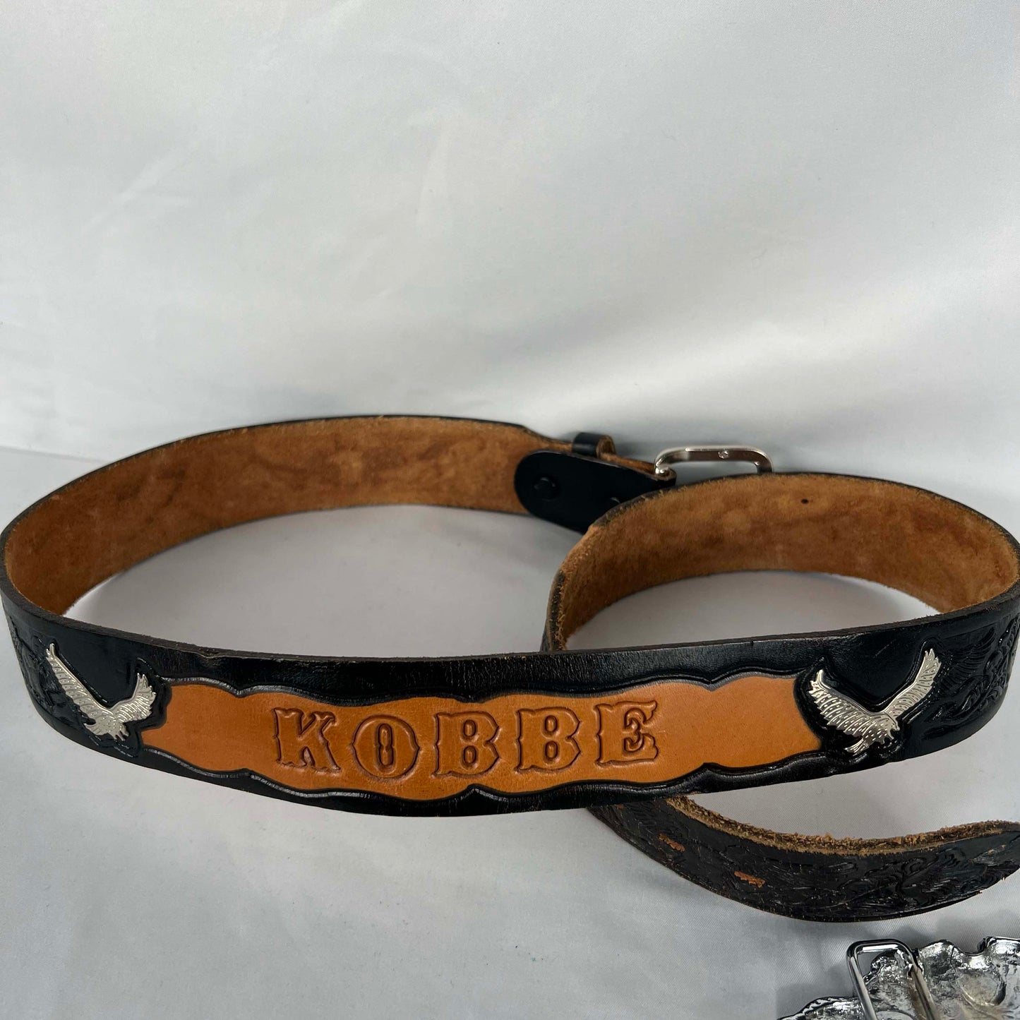 90s Silver Biker Flame Buckle Eagle Leather Belt- 34"-38"