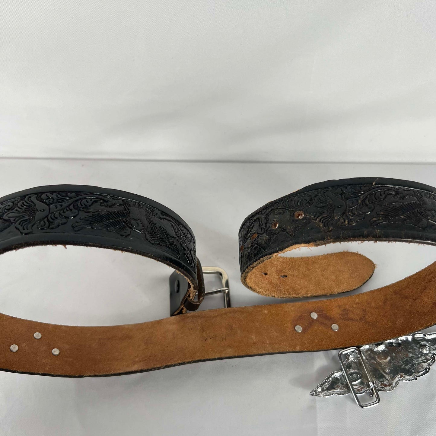 90s Silver Biker Flame Buckle Eagle Leather Belt- 34"-38"