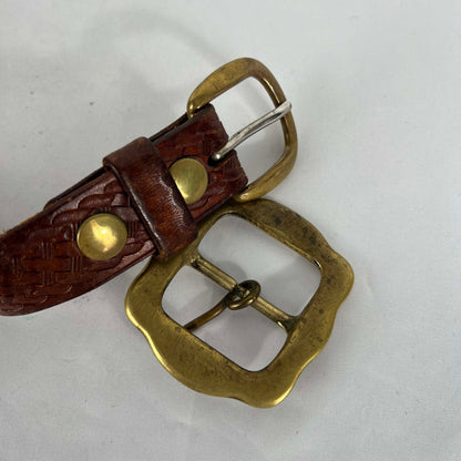 70s Gold/Brass Buckle(x2) Detailed Tan Leather Belt- 32"-36"