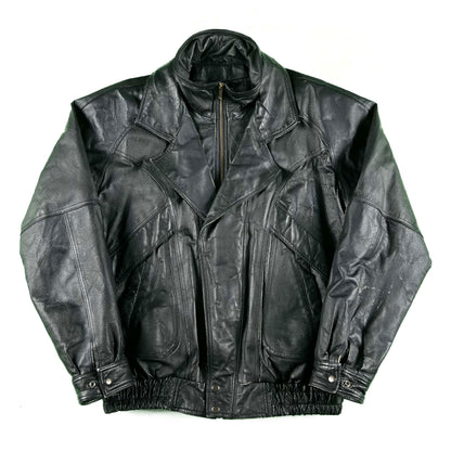 90s Wilsons Black Leather Blazer Collar Bomber Jacket- L