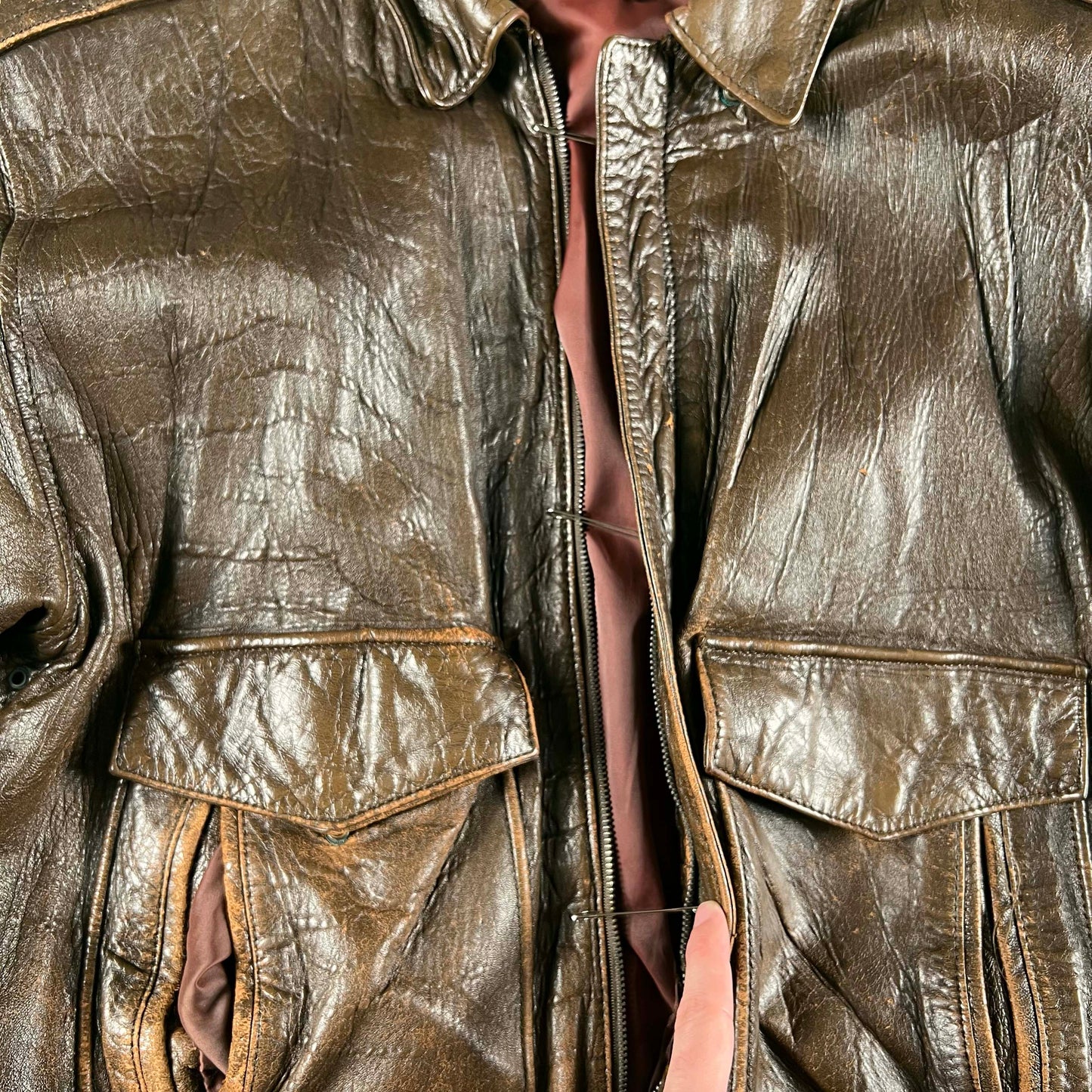 90s Patina Leather Safety Pinned A2 Bomber Jacket- L