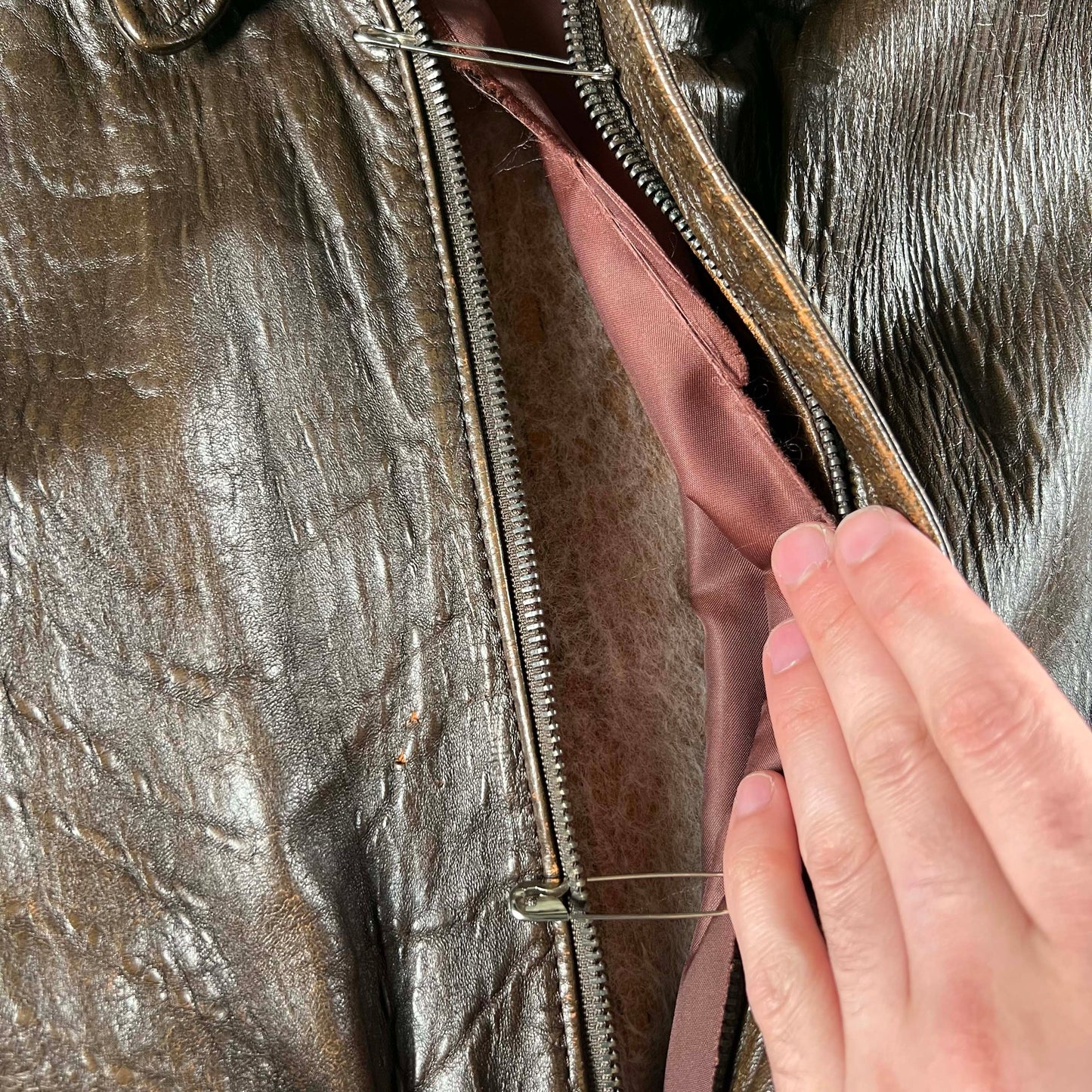 90s Patina Leather Safety Pinned A2 Bomber Jacket- L