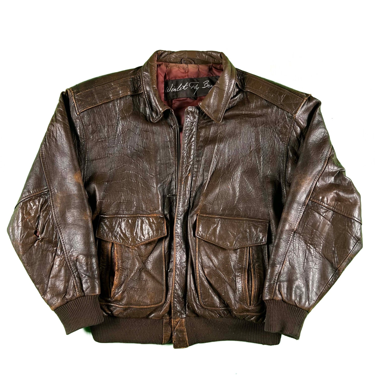 90s Patina Leather Safety Pinned A2 Bomber Jacket- L
