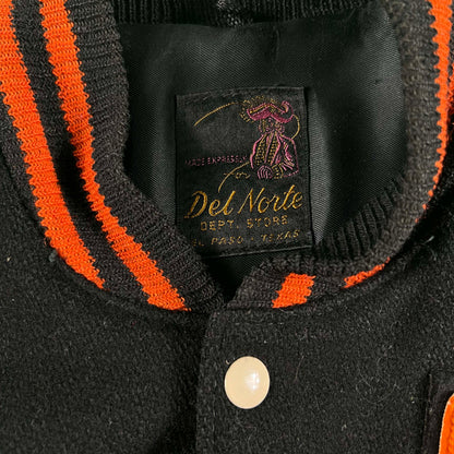 60s Black & Orange w Tan Leather Varsity Jacket- L