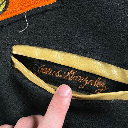 60s Black & Orange w Tan Leather Varsity Jacket- L