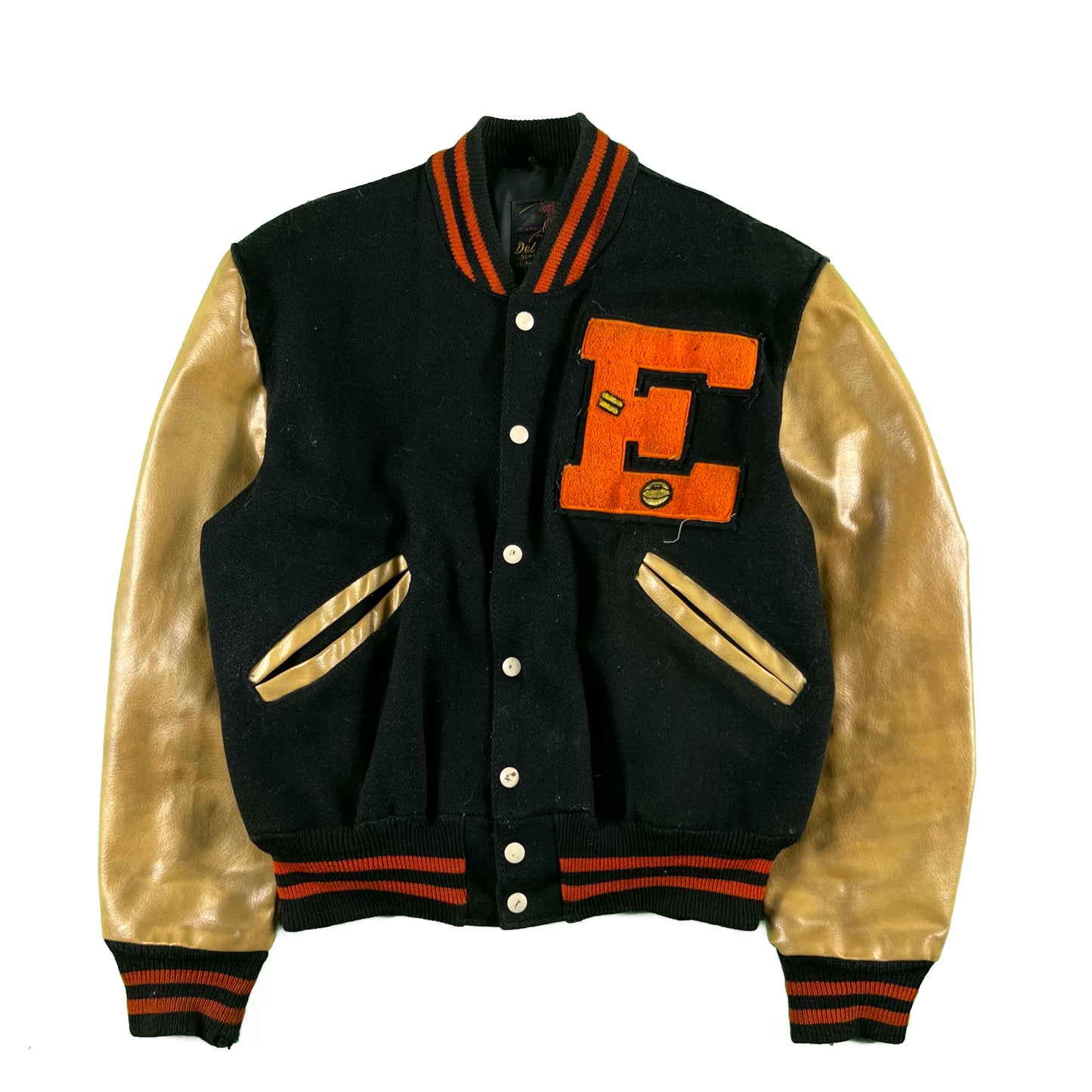 60s Black & Orange w Tan Leather Varsity Jacket- L