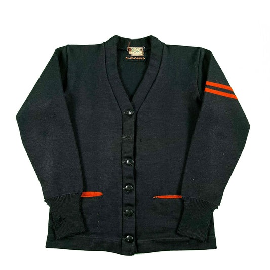 50s Nicely Distressed Black & Orange Varsity Cardigan- S