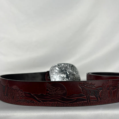 Nature Embellished Mahogany Brown Leather Belt- 40"+