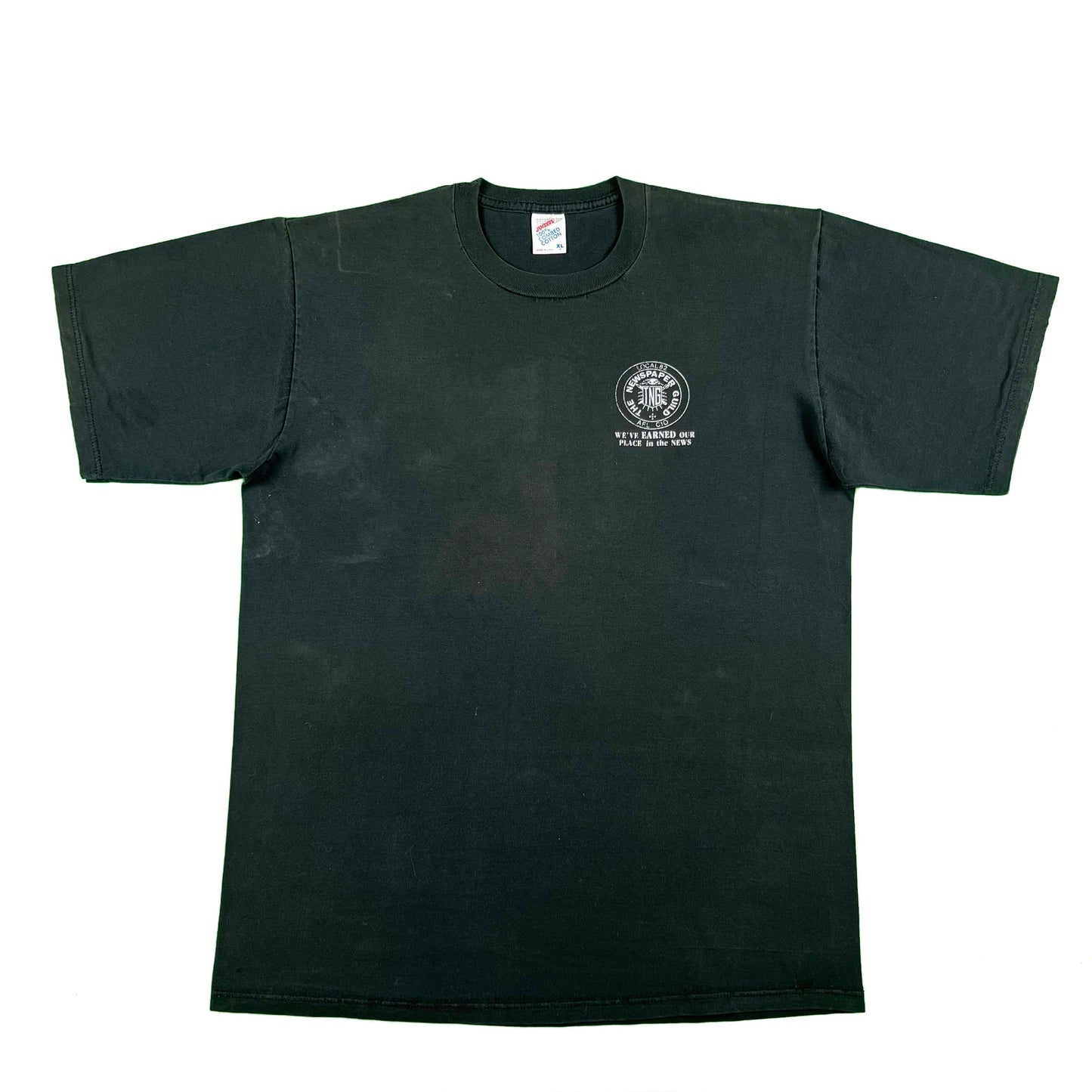 90s Faded Black Newspaper Guild Tee- L