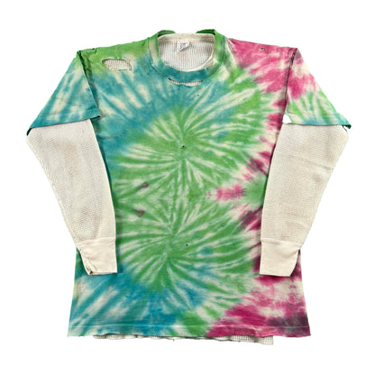 80s Thrashed Tie Dye Tee & Waffle Knit Thermal- L