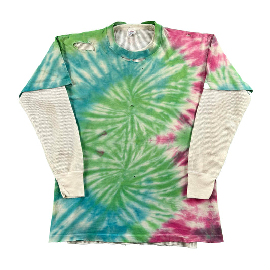 80s Thrashed Tie Dye Tee & Waffle Knit Thermal- L
