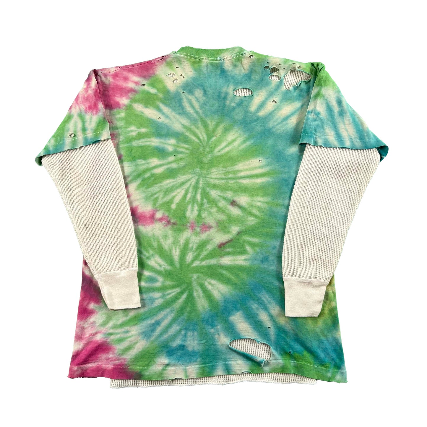 80s Thrashed Tie Dye Tee & Waffle Knit Thermal- L
