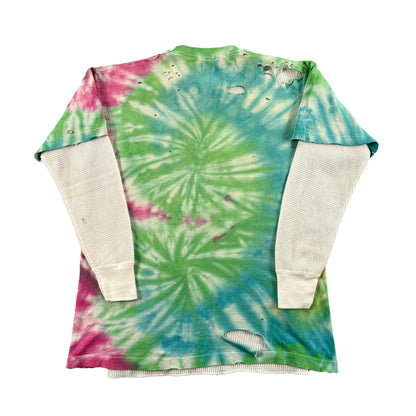 80s Thrashed Tie Dye Tee & Waffle Knit Thermal- L