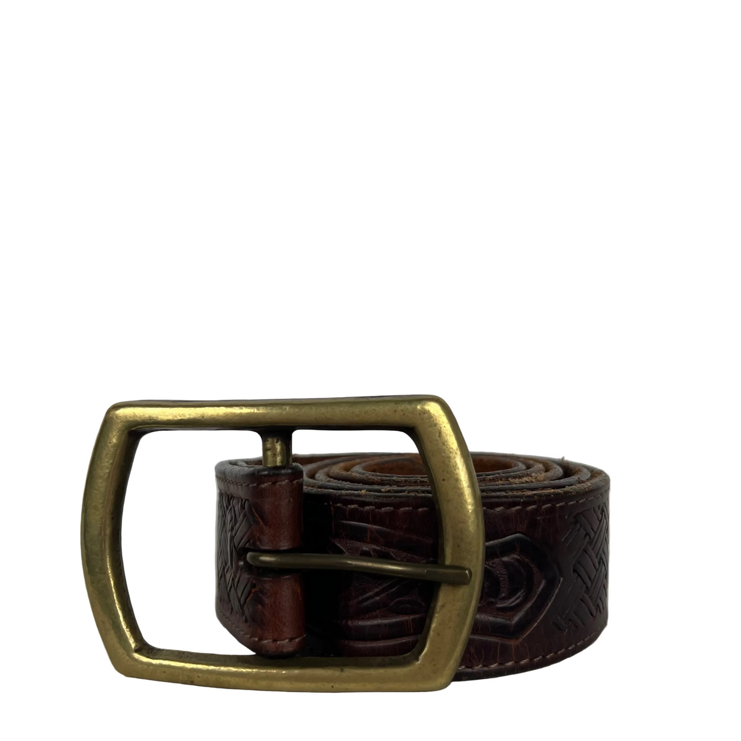 80s Large Brass Buckle Embellished Brown Leather Belt- 32"-36"
