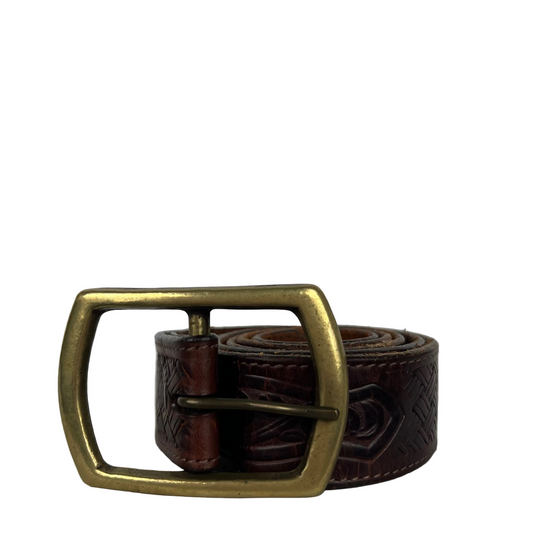 80s Large Brass Buckle Embellished Brown Leather Belt- 32"-36"