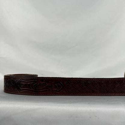 80s Large Brass Buckle Embellished Brown Leather Belt- 32"-36"