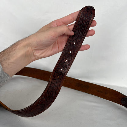 80s Large Brass Buckle Embellished Brown Leather Belt- 32"-36"