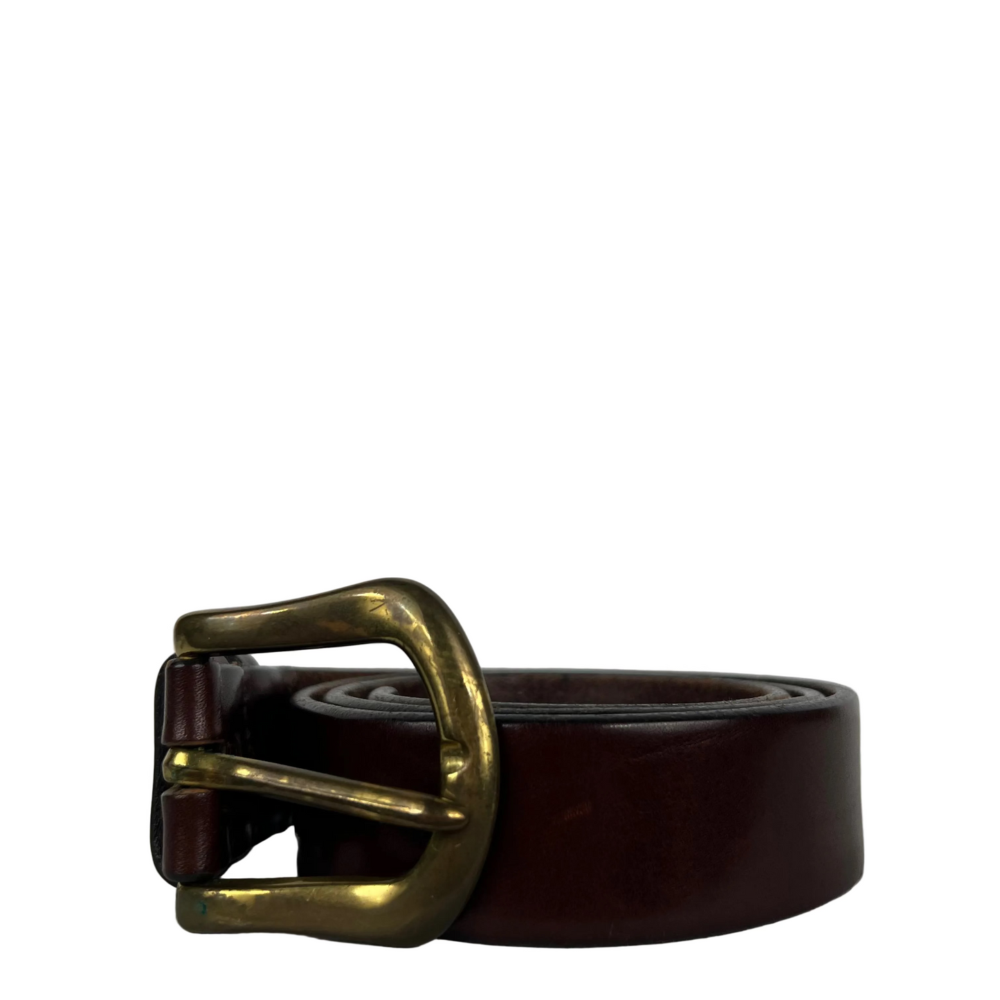 90s Patina Brass Buckle Brown Leather Belt- 30"-34"
