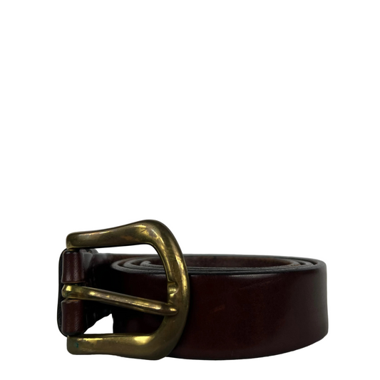 90s Patina Brass Buckle Brown Leather Belt- 30"-34"