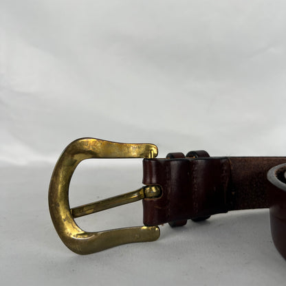 90s Patina Brass Buckle Brown Leather Belt- 30"-34"