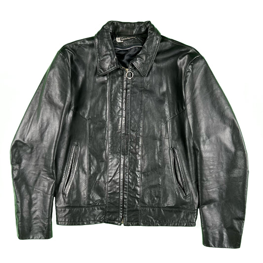 80s Half Belted Moto Leather Jacket- M