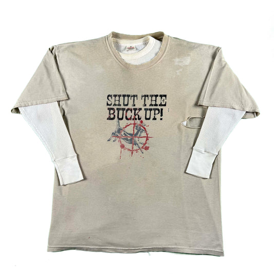 00s Thrashed 'Shut the Buck Up' Tee & 70s Waffle Knit Thermal- XL
