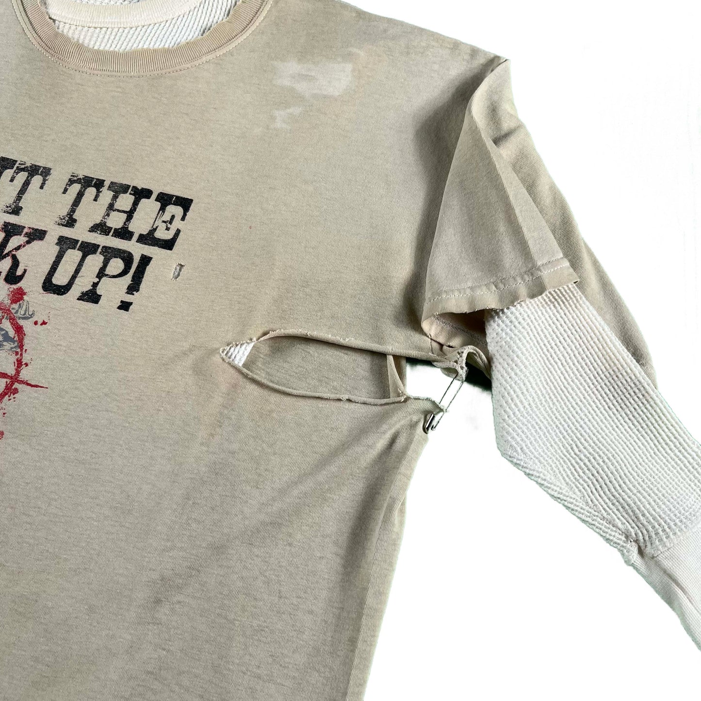 00s Thrashed 'Shut the Buck Up' Tee & 70s Waffle Knit Thermal- XL