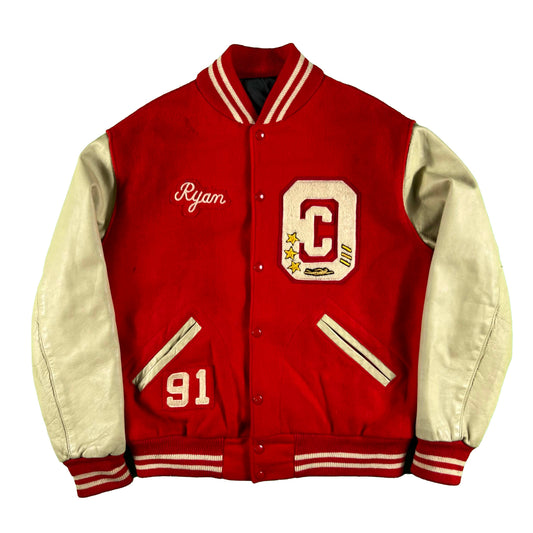 90s Red & Cream Wool Varsity Jacket- XL