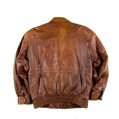 90s Caramel Brown Multi Zip Leather Bomber Jacket- S