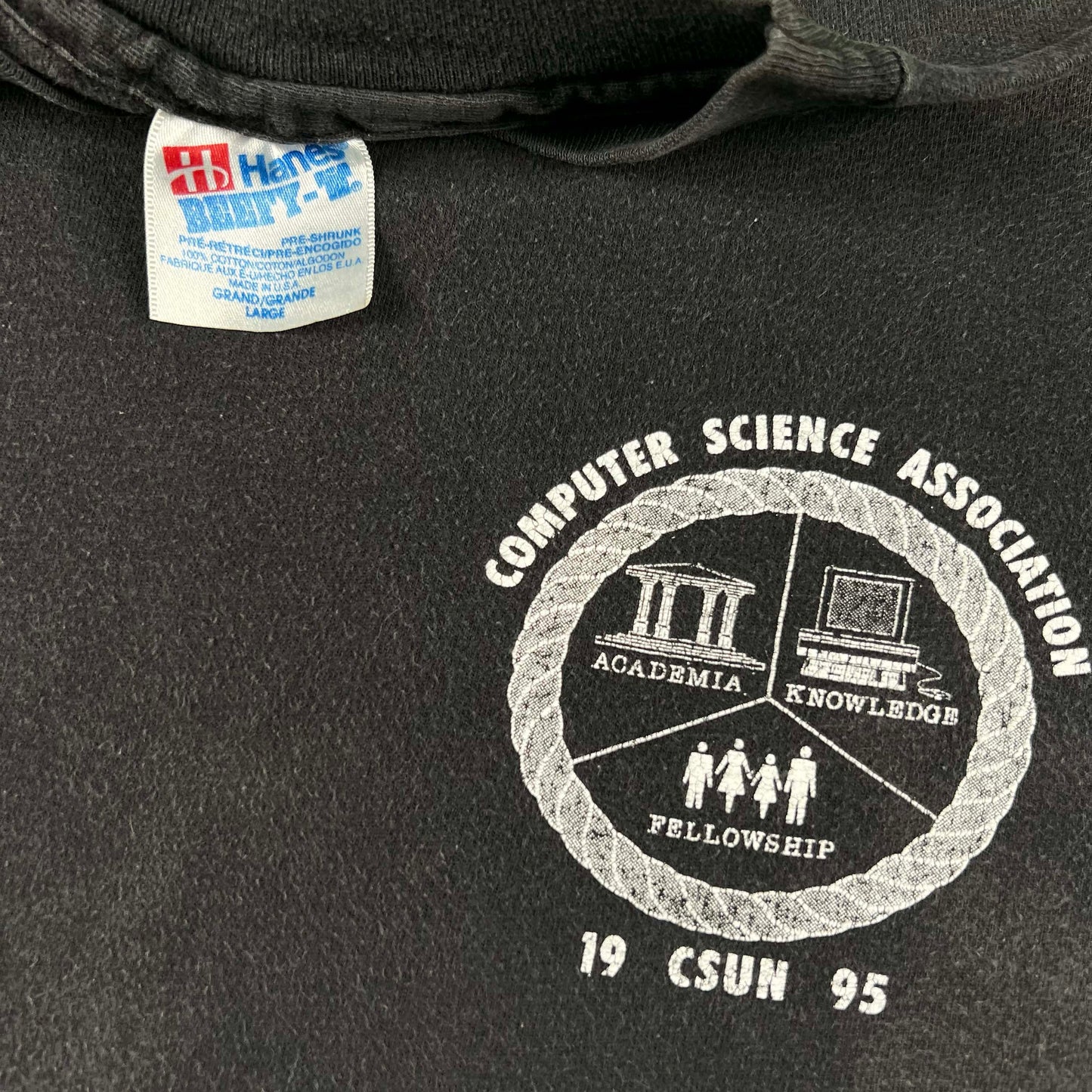 90s Sun Faded Black Thinking Man Computer Science Tee- L