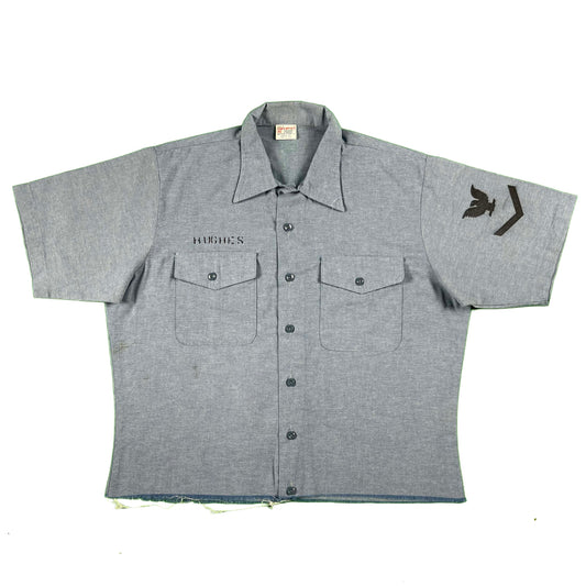 70s Cropped Stenciled Navy Chambray Shirt- L