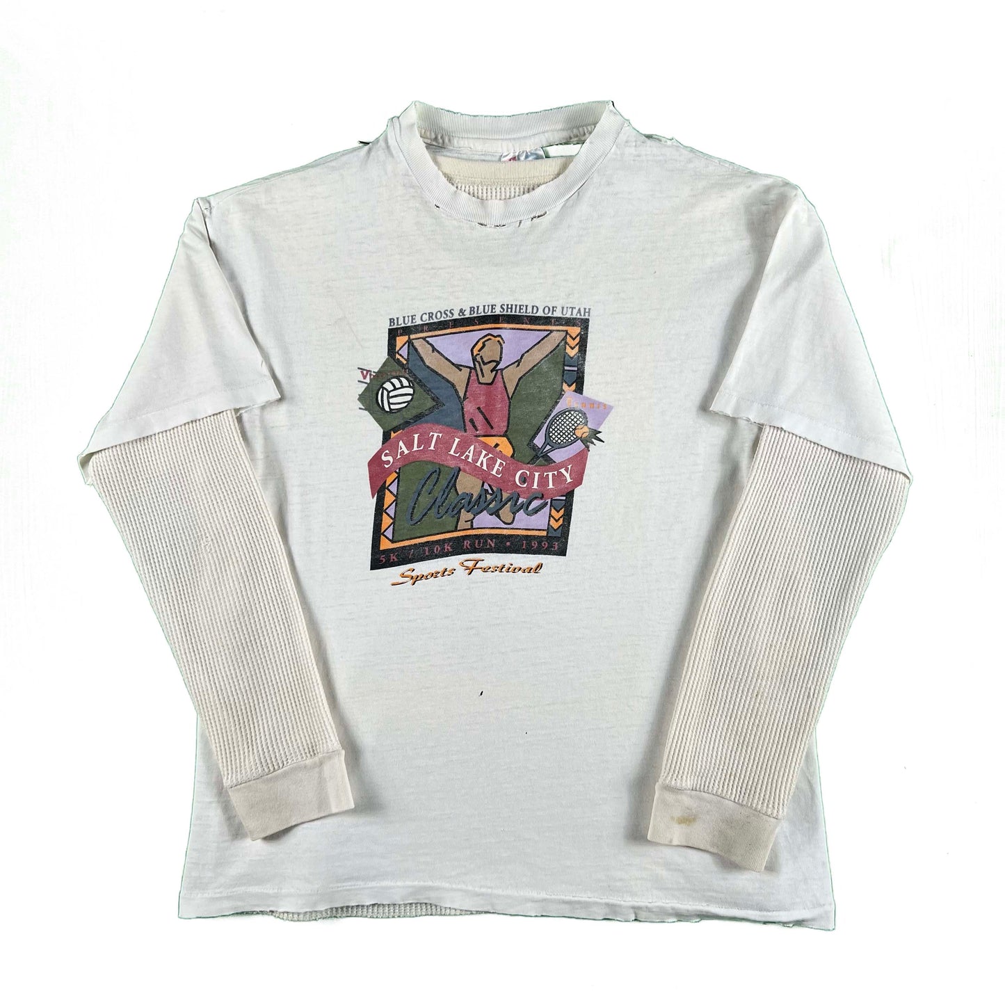 90s Thrashed Salt Lake City 5K/10K Tee & Waffle Knit Thermal- L