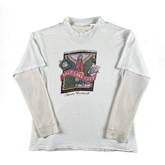 90s Thrashed Salt Lake City 5K/10K Tee & Waffle Knit Thermal- L