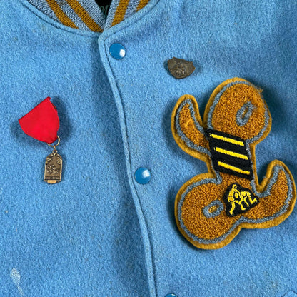 70s Baby Blue & Cream Wool Varsity Jacket- S