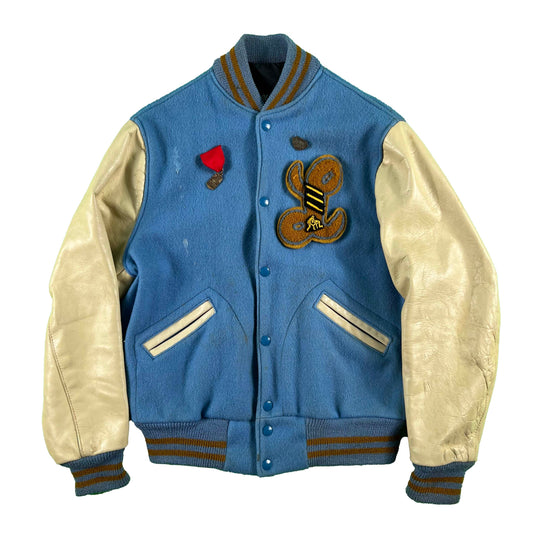 70s Baby Blue & Cream Wool Varsity Jacket- S