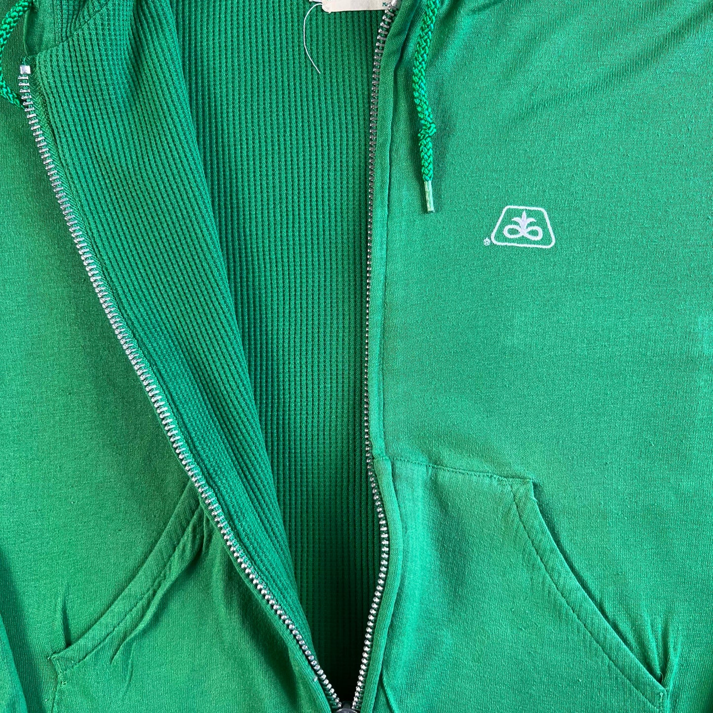 80s Shamrock Green Waffle Lined Zip Up Hoodie- L