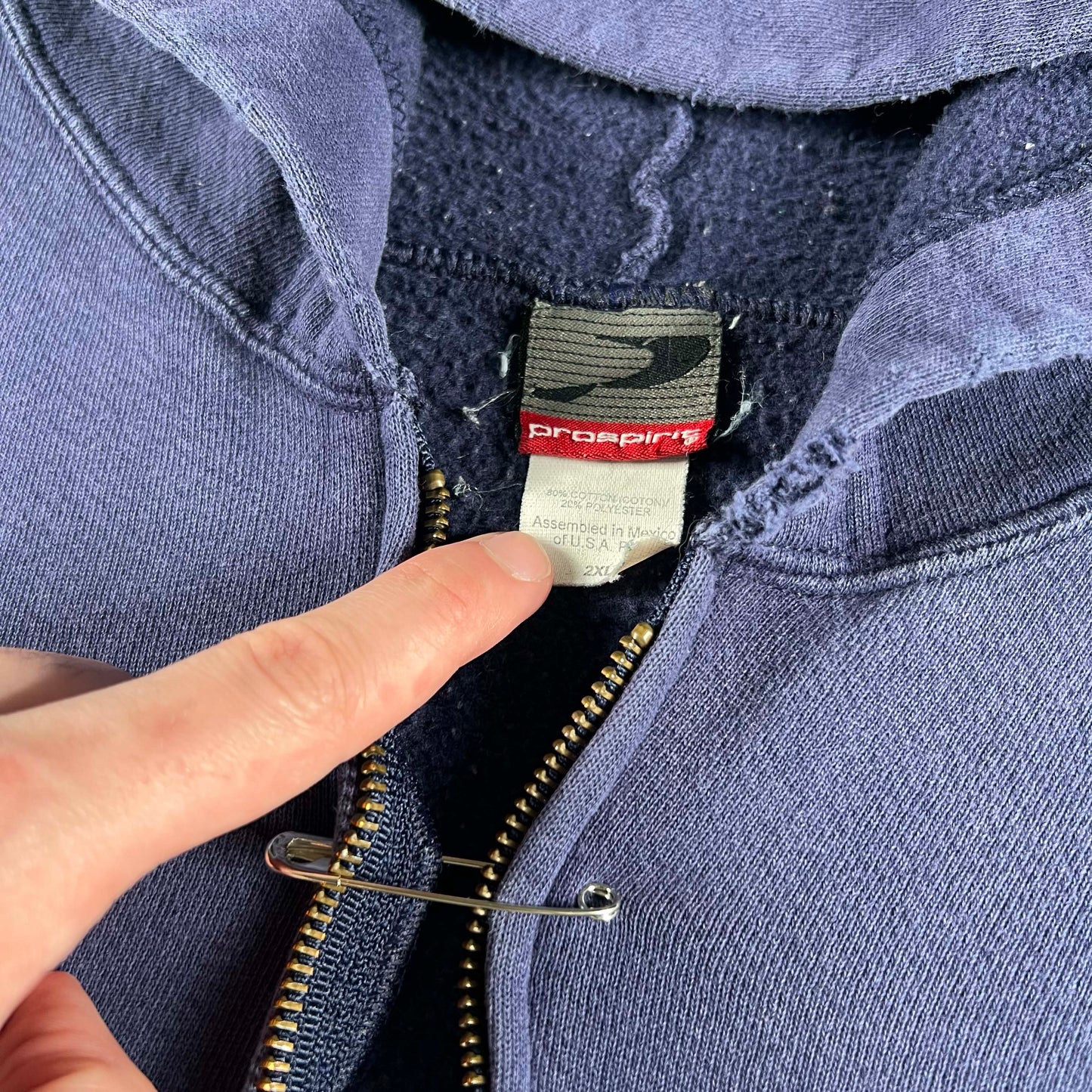 90s Safety Pinned Navy Blue Zip Up Hoodie- XXL