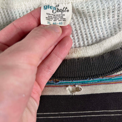 90s Thrashed & Safety Pinned Striped Tee & Waffle Knit Thermal- XL