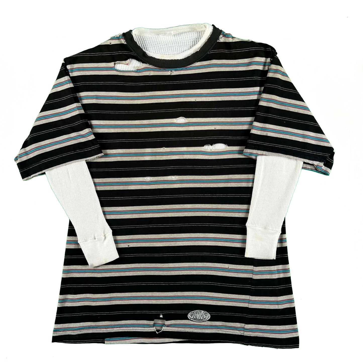 90s Thrashed & Safety Pinned Striped Tee & Waffle Knit Thermal- XL