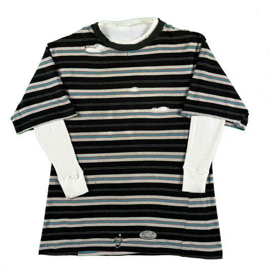 90s Thrashed & Safety Pinned Striped Tee & Waffle Knit Thermal- XL