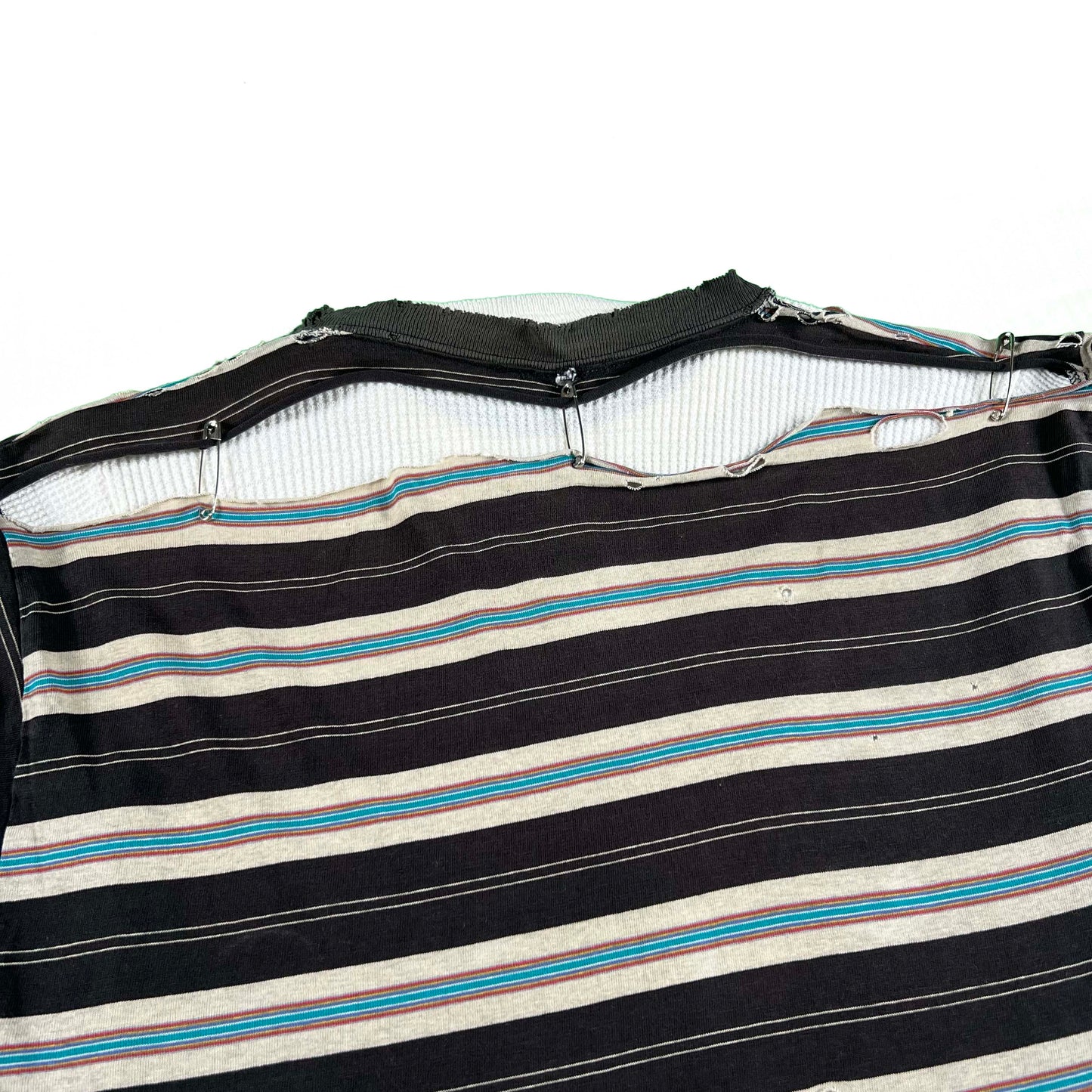 90s Thrashed & Safety Pinned Striped Tee & Waffle Knit Thermal- XL