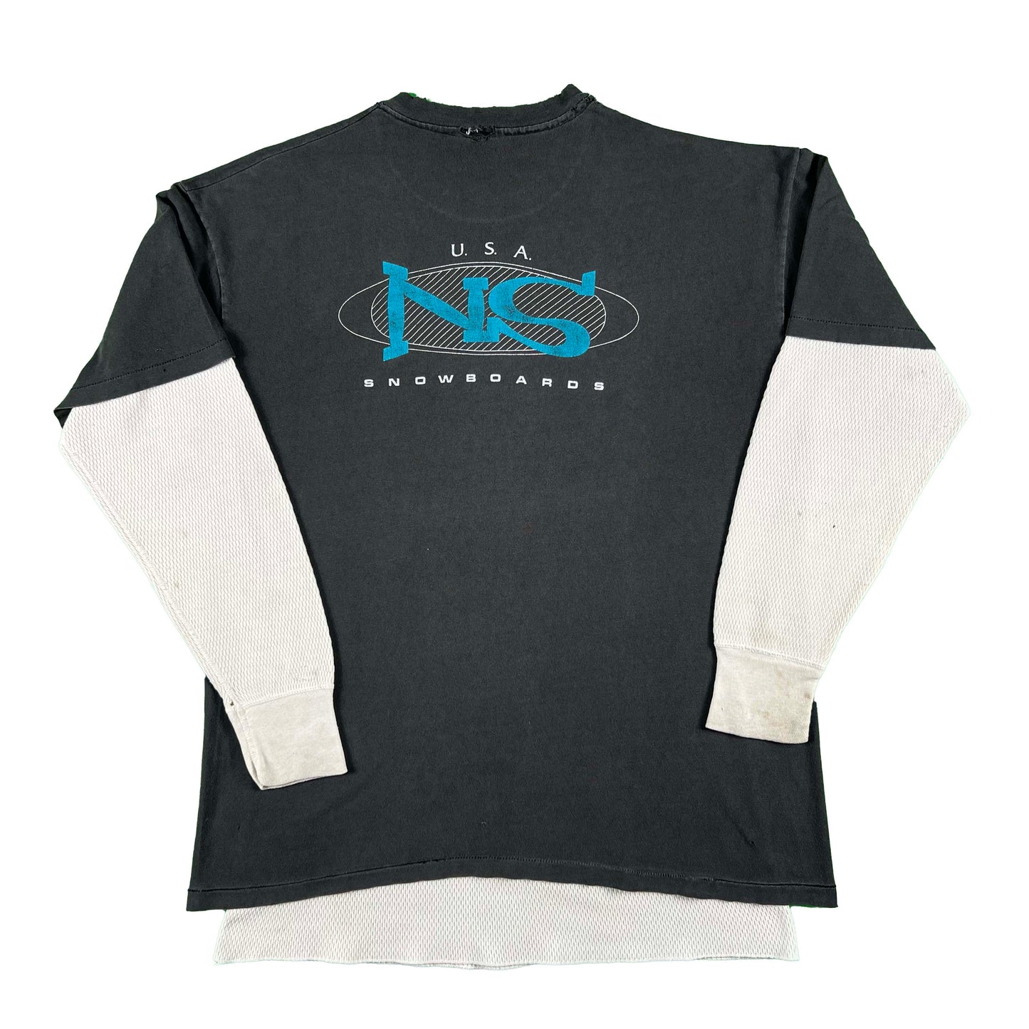 90s Safety Pin Snowboard Tee & 80s Waffle Knit Thermal- XL