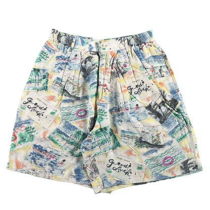 90s Pleated Postcard Patterned Rayon Shorts- 29x8