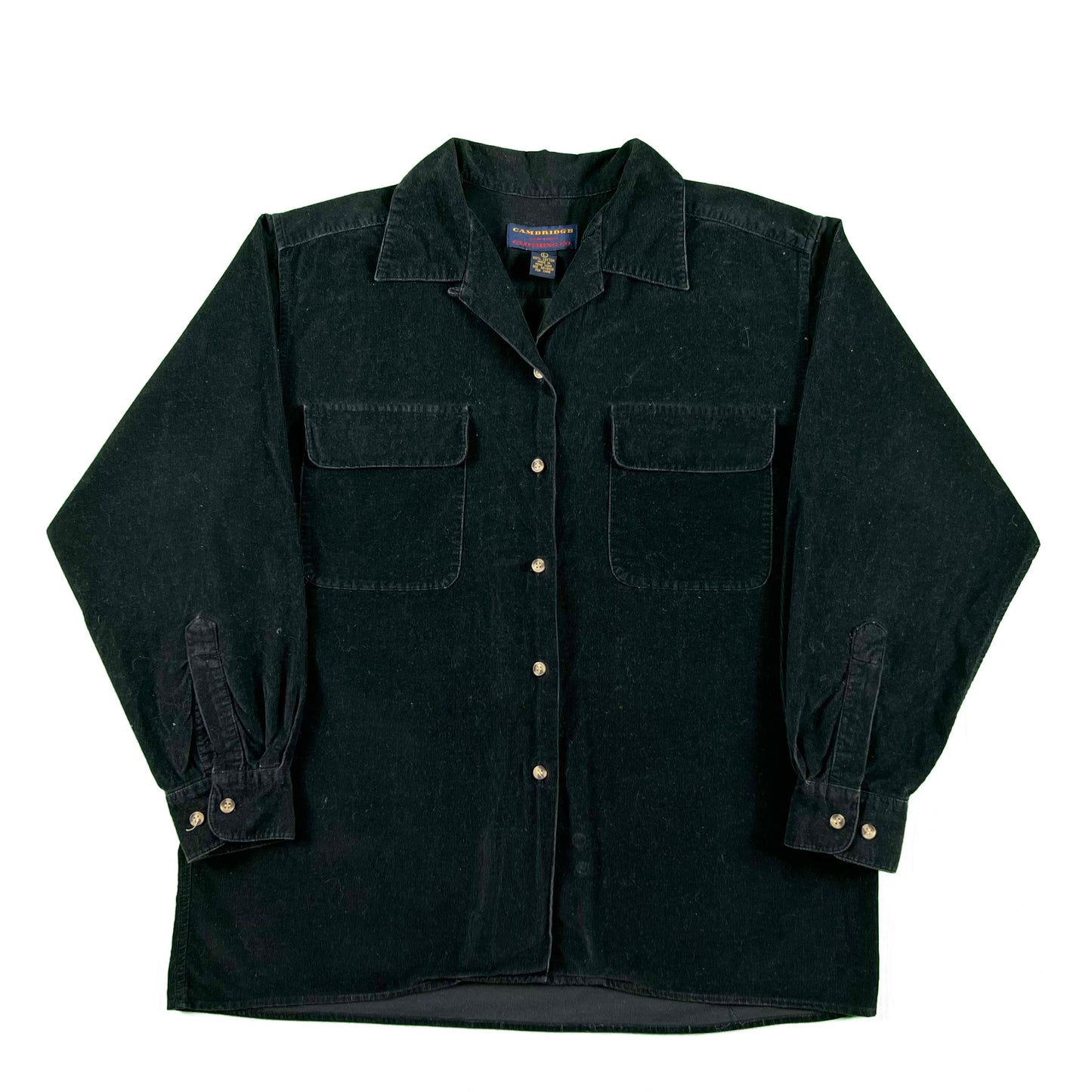 90s Does 50s Black Corduroy Loop Collar Shirt- L