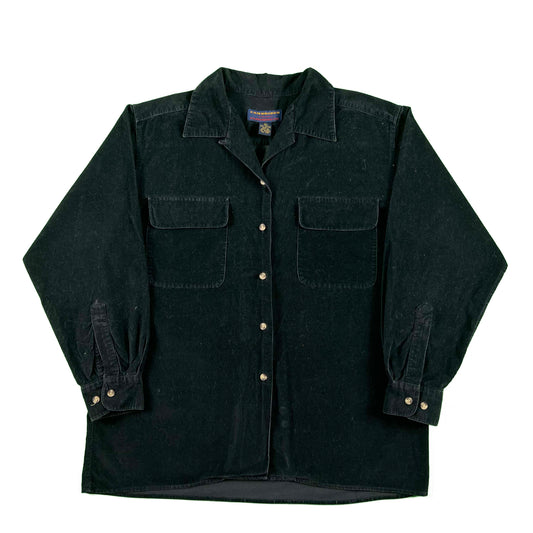 90s Does 50s Black Corduroy Loop Collar Shirt- L