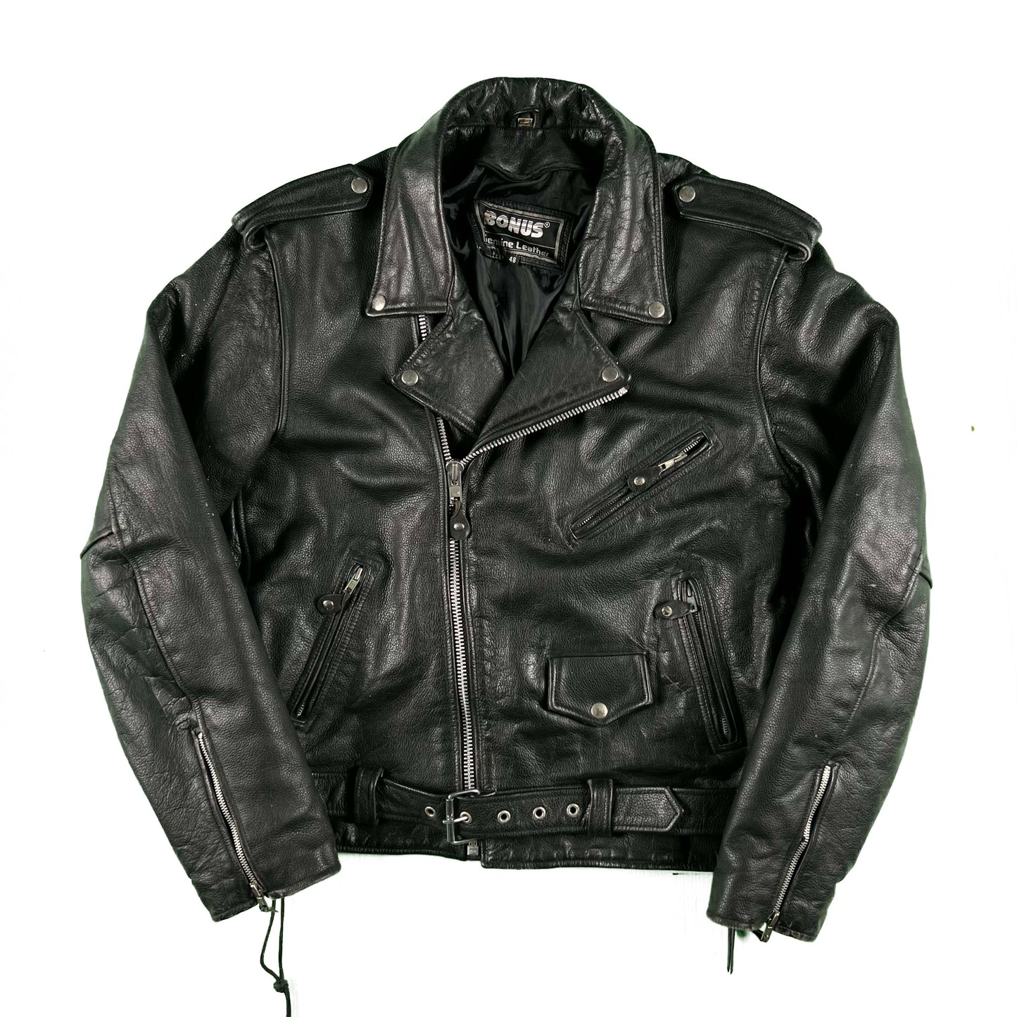 90s Black Leather Biker Jacket- XL