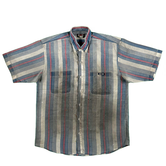 90s Thrashed & Worn Striped Button Up Shirt- L