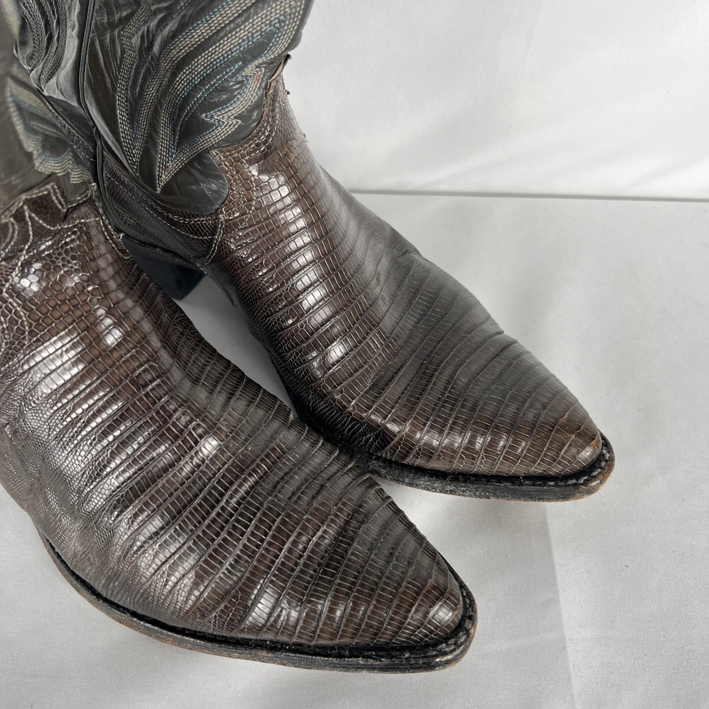80s/90s Justin Grey and Black Snakeskin Cowboy Boots- M's 9, W's 10.5