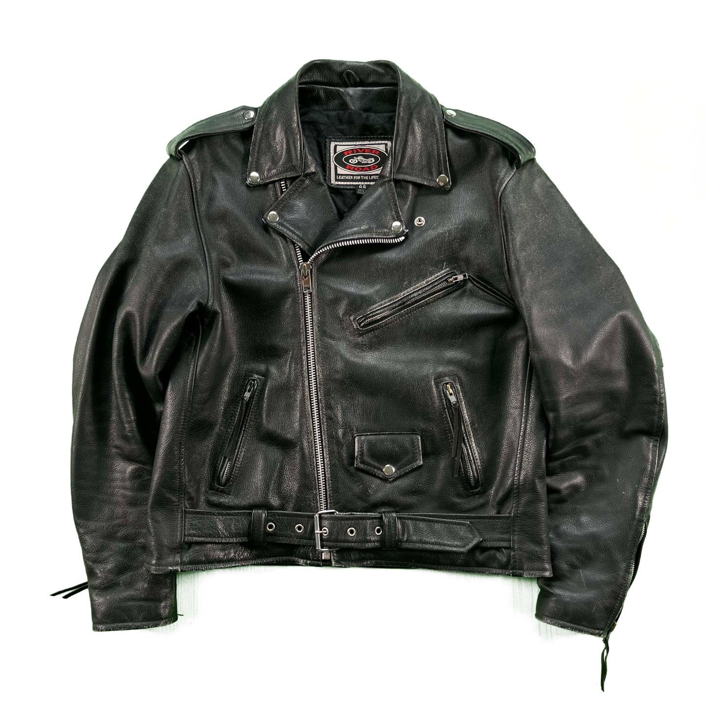 90s Black Leather Biker Jacket- L